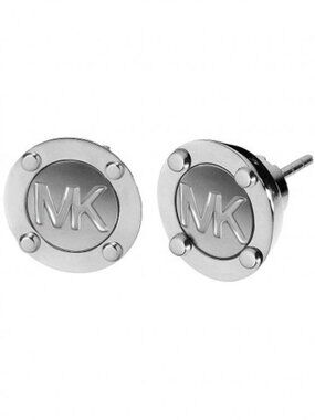 MICHAEL KORS Silver Tone Round MK Logo Earrings New with Gift Box
